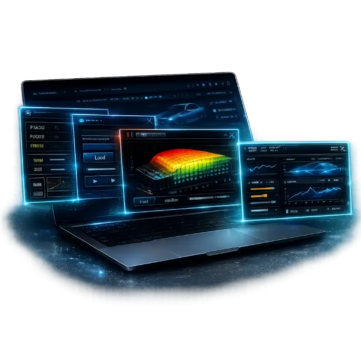 Laptop displaying professional ECU tuning software and selected external tuning tools